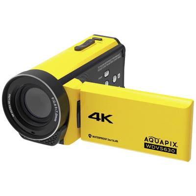 Videocamera 4K gialla con display pieghevole, marca 'Aquapix WDV5630', impermeabile fino a 5 m di profondità, obiettivo F1:2.6-7.0mm.