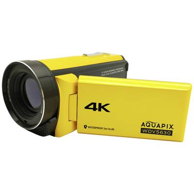 Videocamera 4K gialla con scritta 'AQUAPIX WDV5630', impermeabile fino a 5 metri.