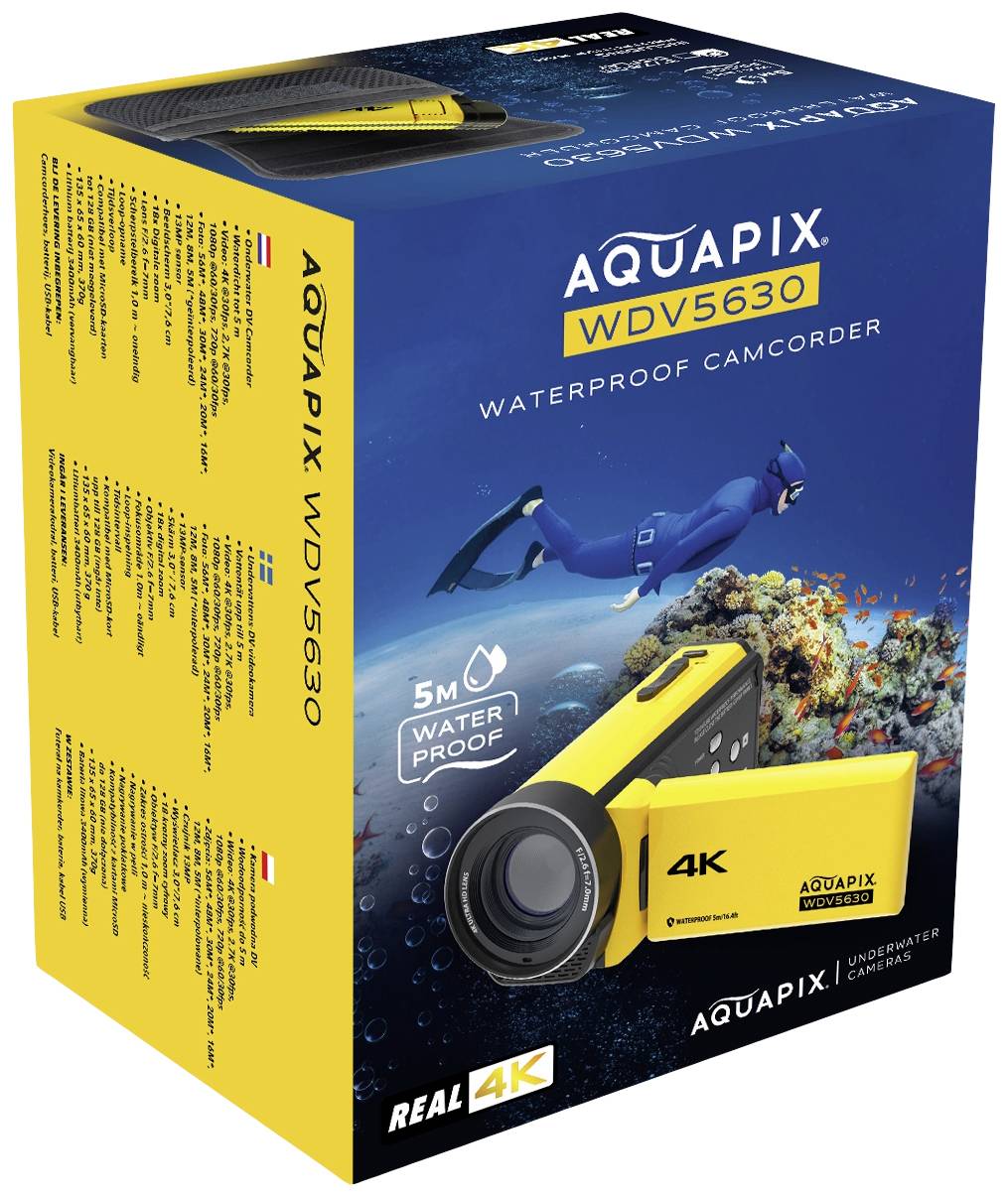 Un imballaggio impermeabile per videocamera con la scritta 'AQUAPIX WDV5630 4K', raffigura un sommozzatore sott'acqua.