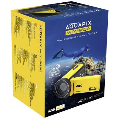 Un imballaggio impermeabile per videocamera con la scritta 'AQUAPIX WDV5630 4K', raffigura un sommozzatore sott'acqua.
