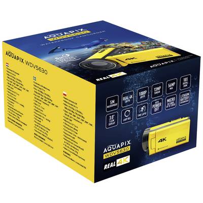 Fotocamera Aquapix WDV5630 gialla in risoluzione 4K sulla confezione. Caratteristiche principali: impermeabile fino a 5 m, 16 MP, video 1080P, zoom 18x.