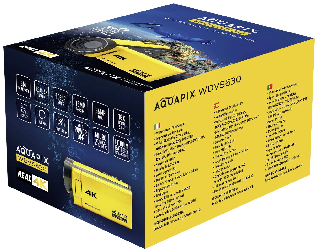 Confezione gialla di una fotocamera d'azione 4K 'AquaPix WDV5630'; mostra foto della fotocamera, specifiche in più lingue e logo del marchio.