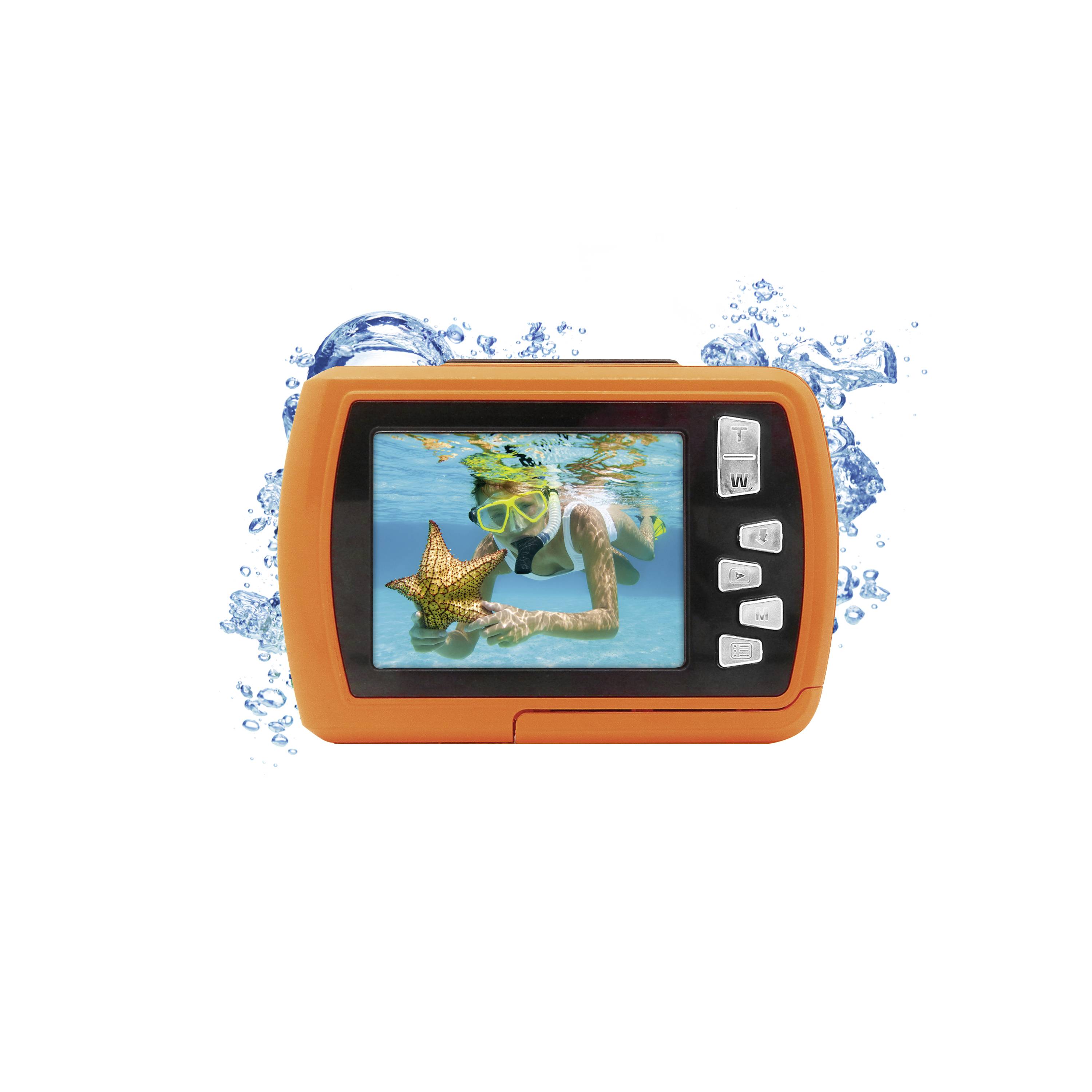 Una fotocamera arancione mostra l'immagine di un bambino che fa immersione mentre tiene una stella marina sott'acqua.
