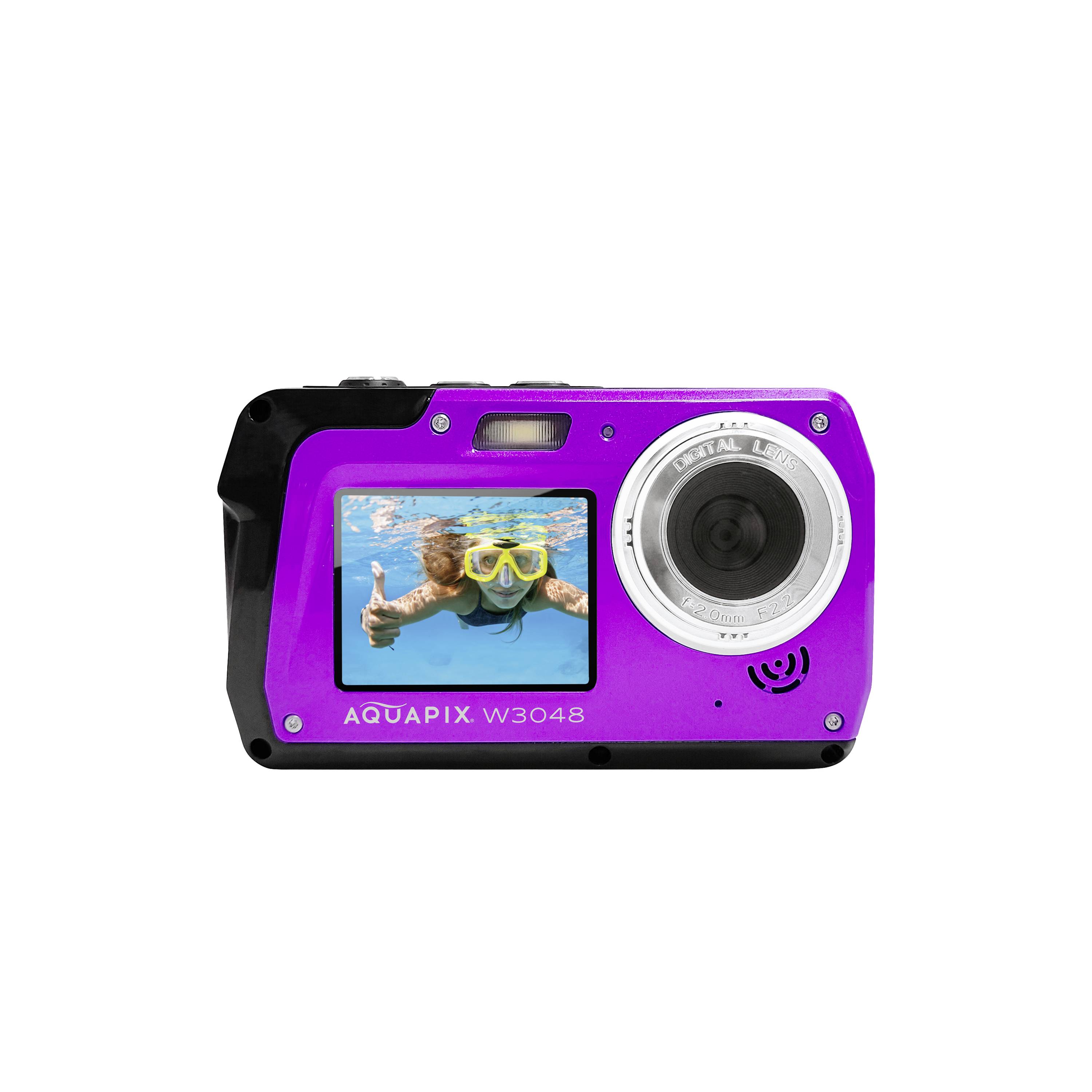 Una fotocamera subacquea viola con una foto di un subacqueo che fa il segno del pollice in su sott'acqua. Marcatura 'AQUAPIX W3048'.
