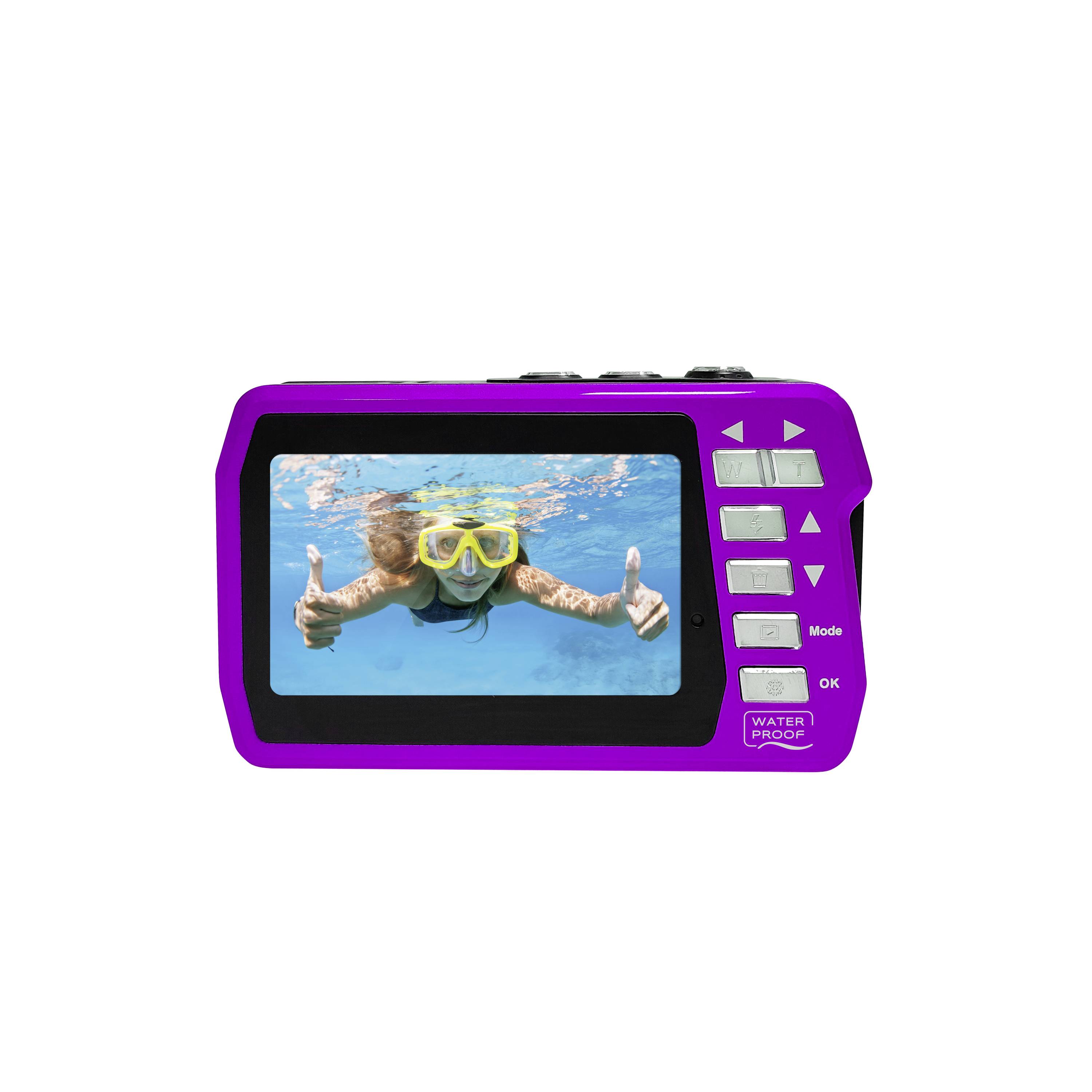 Fotocamera impermeabile viola che mostra un bambino con maschera da sub che nuota nell'acqua e fa il segno dei pollici in su.