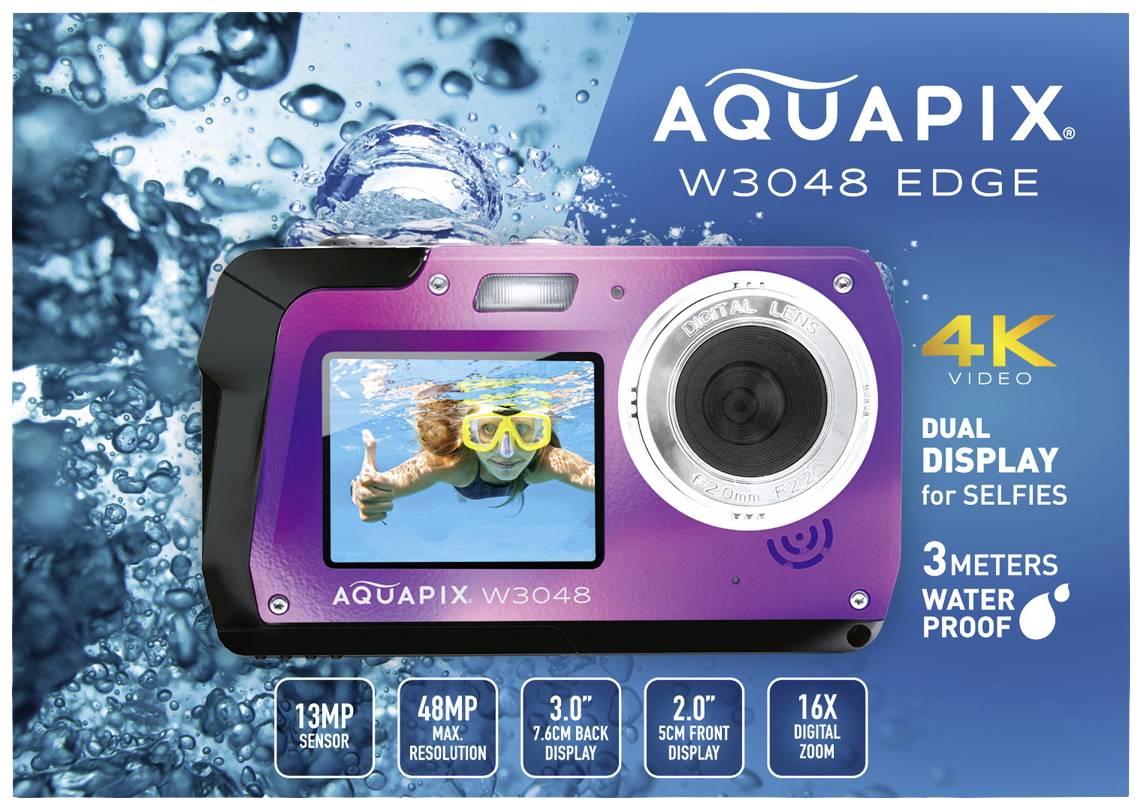 Fotocamera 'Aquapix W3048 Edge', ideale per selfie. Video 4K, impermeabile fino a 3 metri, doppi display, zoom 16x. Sensore da 13 MP, risoluzione da 48 MP.