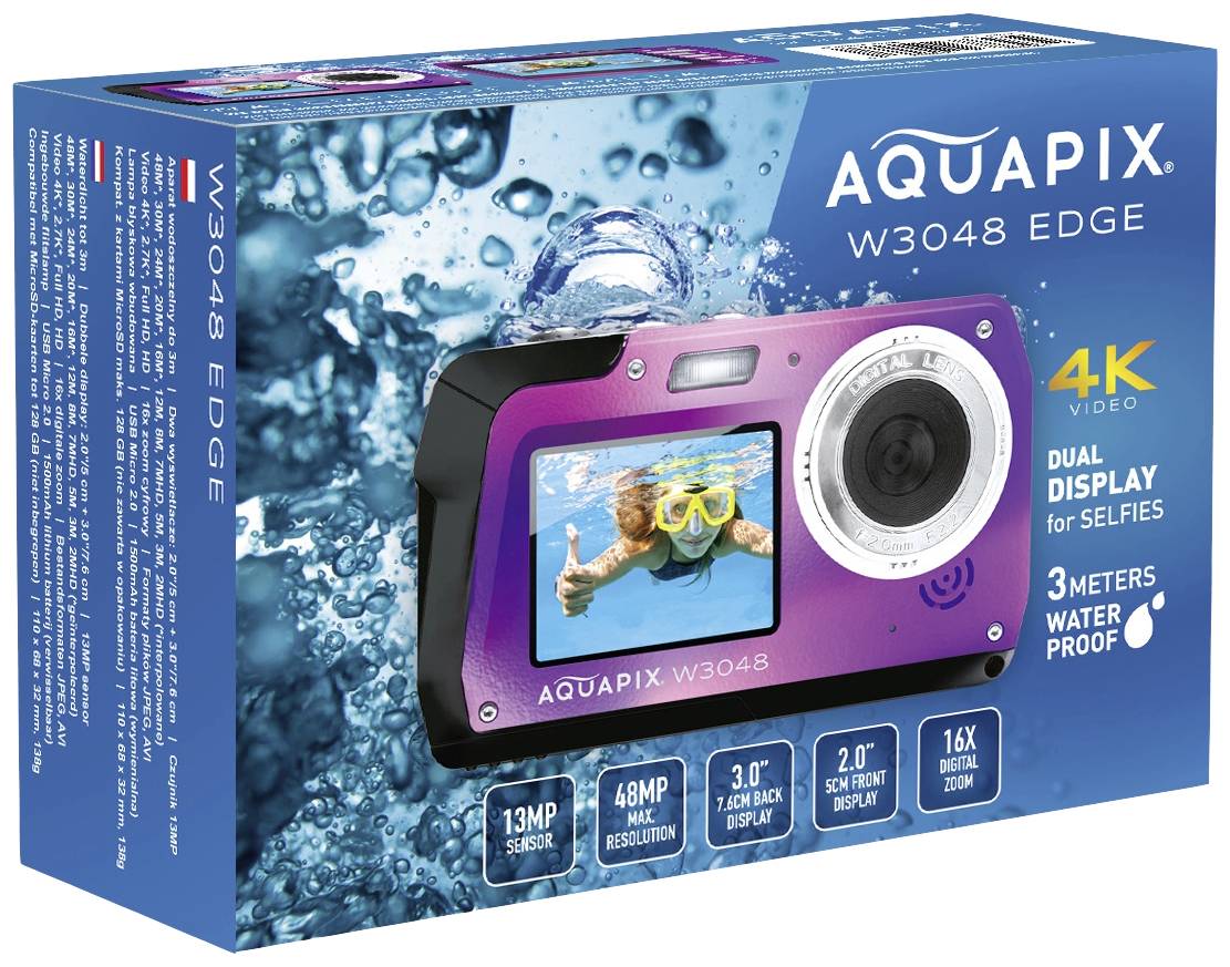 Fotocamera digitale impermeabile con doppio display. Adatta fino a 3 metri di profondità. Supporta video 4K, sensore da 13 MP, zoom digitale 16x.