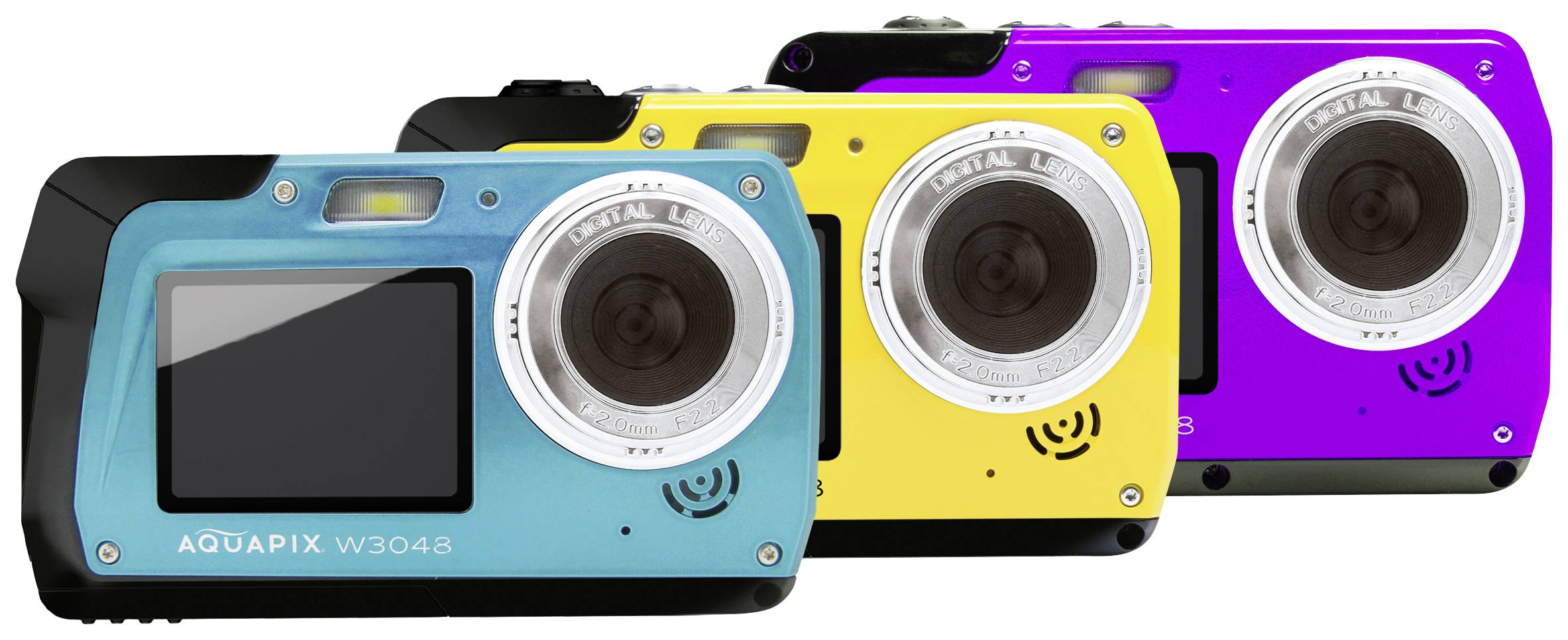 Tre fotocamere compatte impermeabili affiancate, nei colori turchese, giallo e viola. Le fotocamere hanno un design robusto e obiettivi grandi.