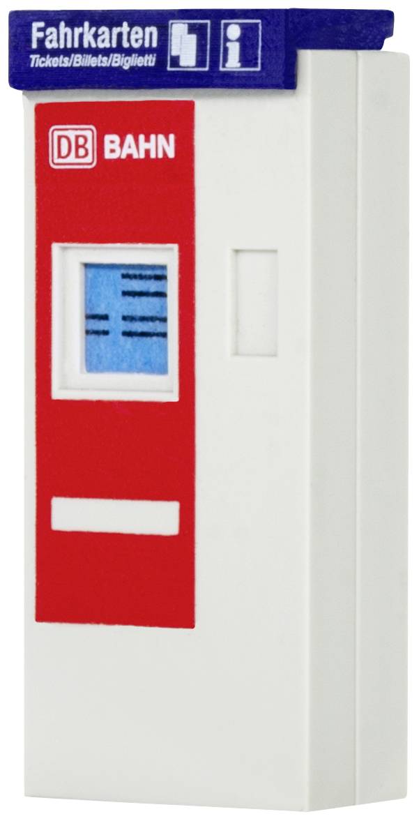 Un distributore automatico di biglietti delle Ferrovie Tedesche con scritte rosse e blu per l'acquisto di biglietti in più lingue.