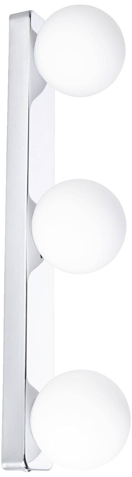 Tre lampade rotonde e bianche montate su una barra verticale color argento, sullo sfondo bianco.