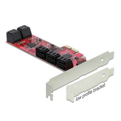 Una scheda di espansione per computer rosso-nera con molteplici possibilità di connessione e due staffe per diverse dimensioni di case.