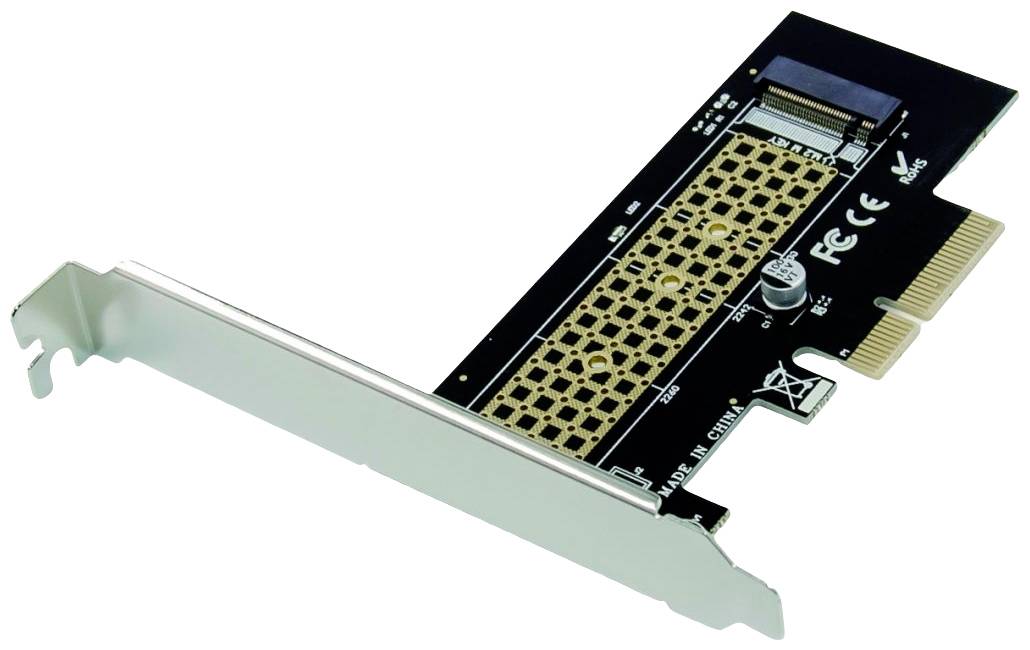 Scheda adattatore PCIe con slot per SSD NVMe e contatti dorati. Viene utilizzata per espandere la capacità di archiviazione.