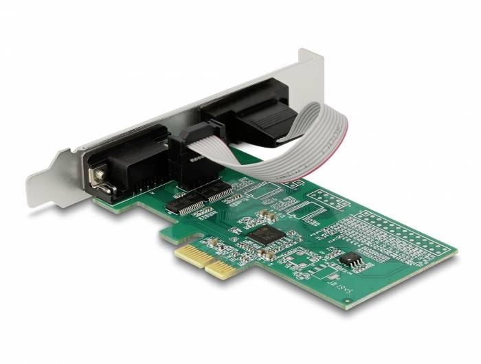 Una scheda di rete PCI-Express verde con due porte e un cavo a nastro.