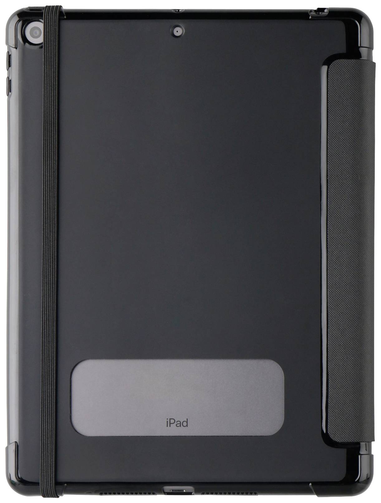 Un iPad nero con custodia protettiva e una fascia elastica sul retro, con l'apertura della fotocamera in alto a sinistra.