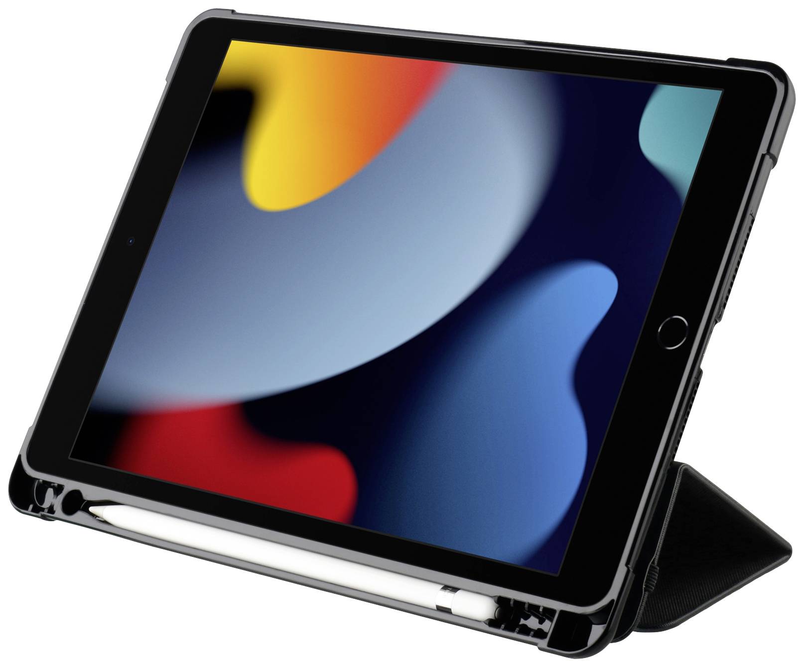 Un tablet con una penna stilo in un supporto. Lo schermo mostra un motivo astratto e colorato.