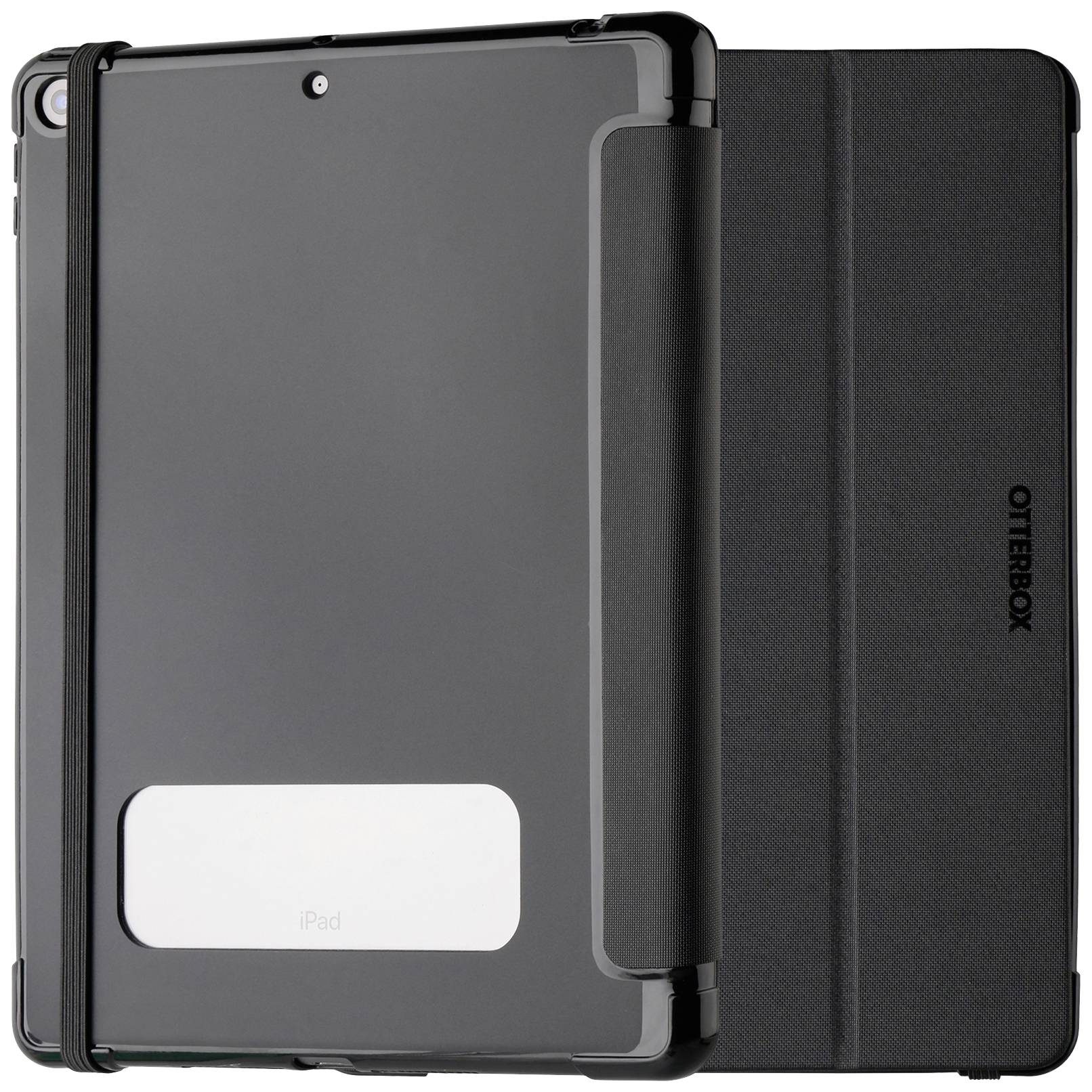 Una custodia nera per tablet di OtterBox, aperta. È robusta e offre una protezione completa.