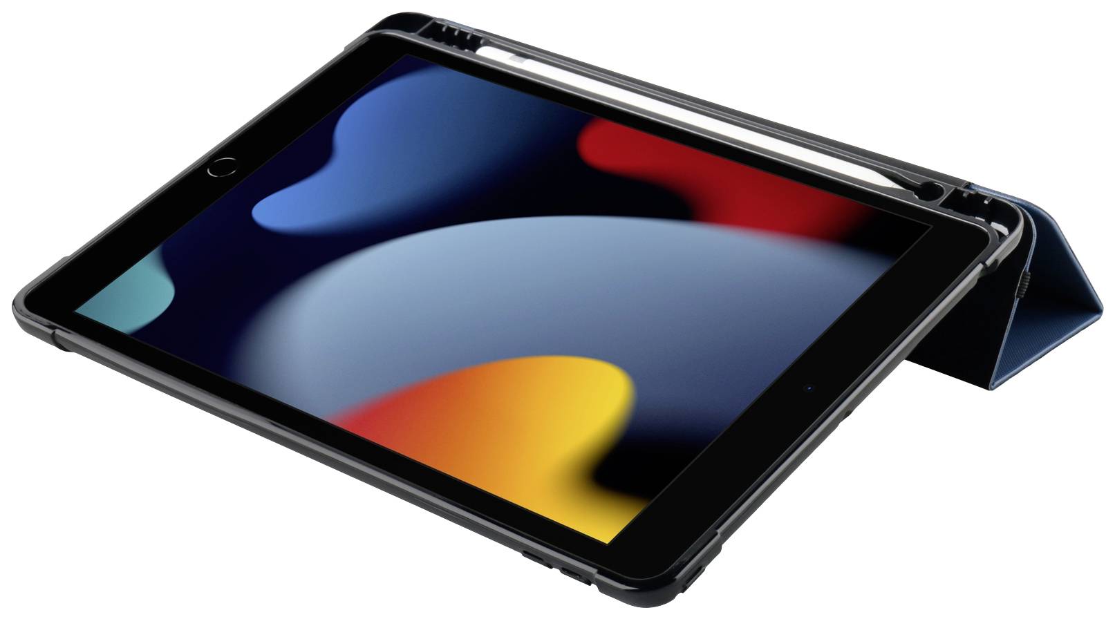 Un tablet con uno sfondo astratto colorato e una custodia elegante, posizionato leggermente inclinato su un tavolo.