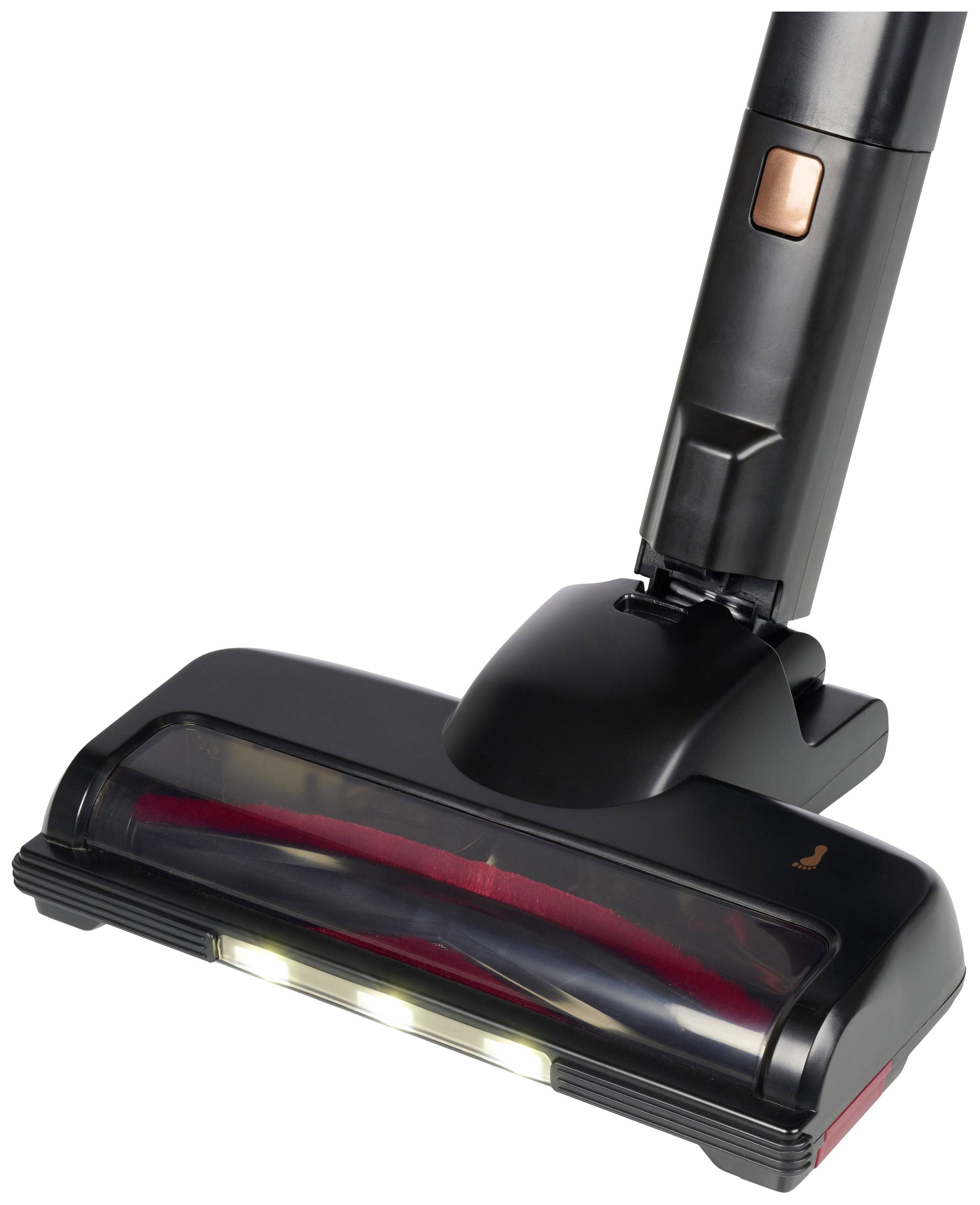 Una testina di aspirapolvere nera con luci LED integrate e rullo spazzola rosso, adatta per pavimenti duri e moquette.