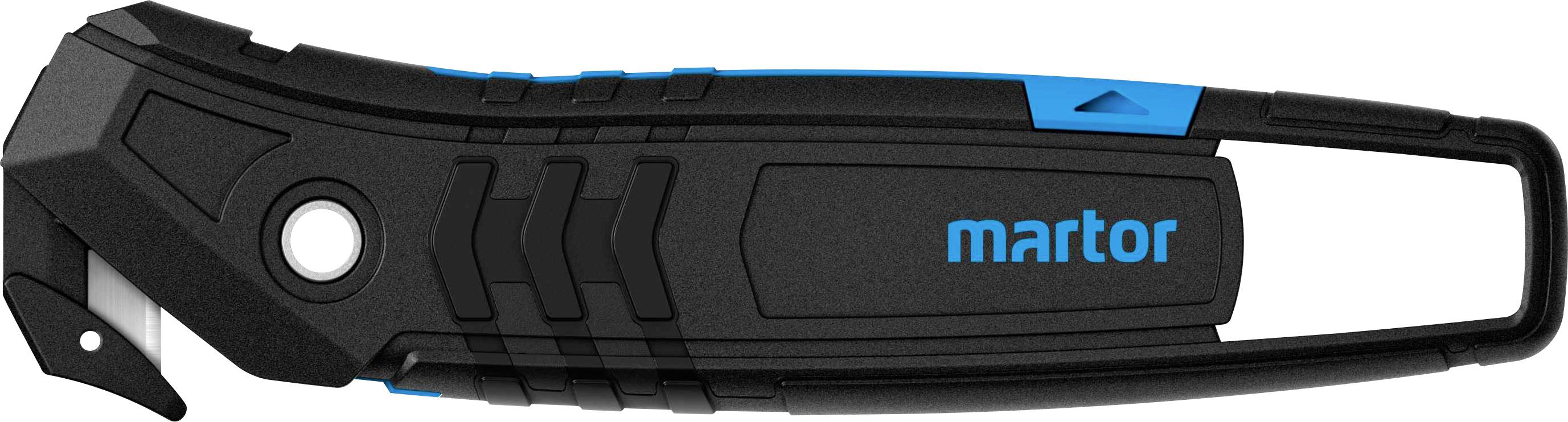 Un cutter nero con accenti blu, adatto al taglio di materiali da imballaggio.