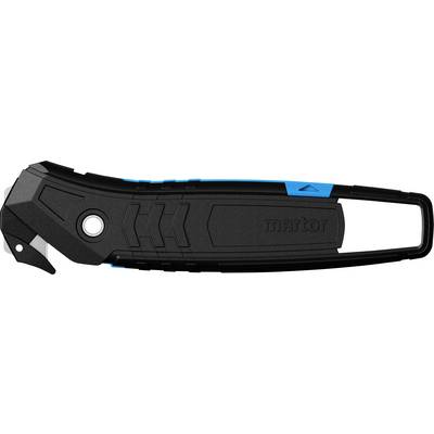 Coltello di sicurezza nero con accenti blu. Ergonomico, con meccanismo a scorrimento. Marchio 'Martor' impresso.