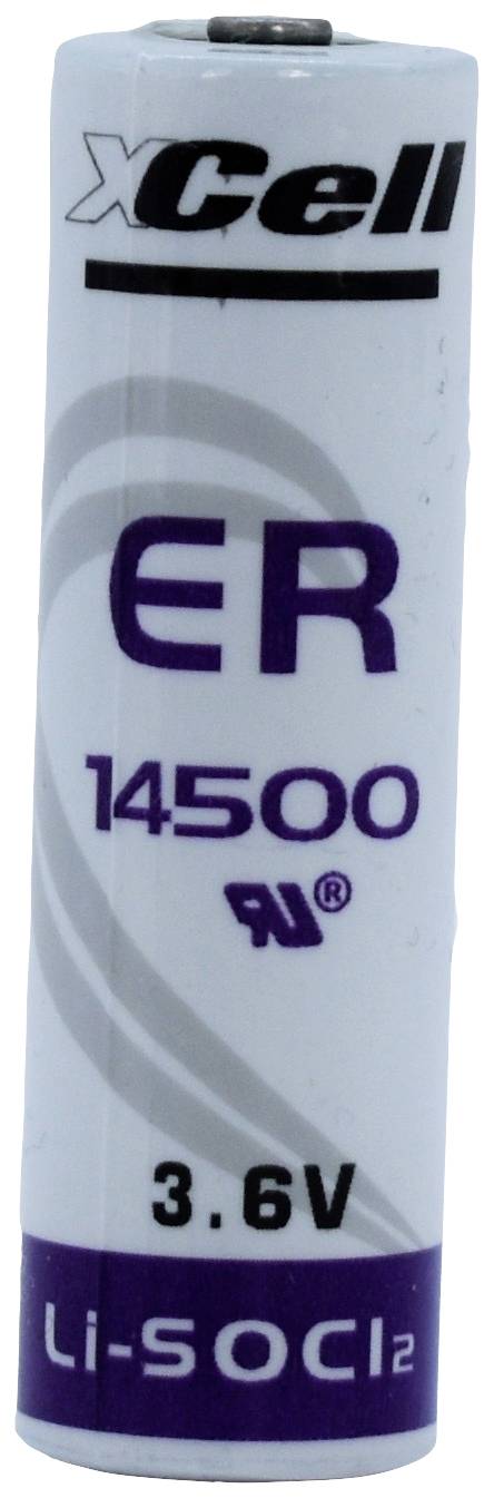'Batteria Weiße XCell ER14500 con scritte e marcature viola. Tensione: 3,6V. Tipo: Li-SOCl2.'