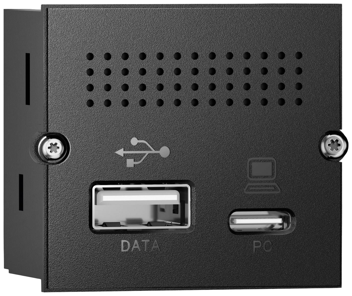 Una presa nera con due porte USB, contrassegnate come 'DATA' e 'PC', montata in un pannello rettangolare.
