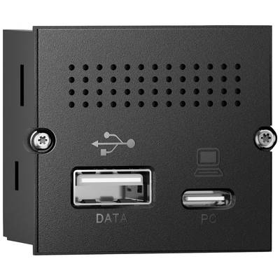 Una presa nera con due porte USB, contrassegnate come 'DATA' e 'PC', montata in un pannello rettangolare.