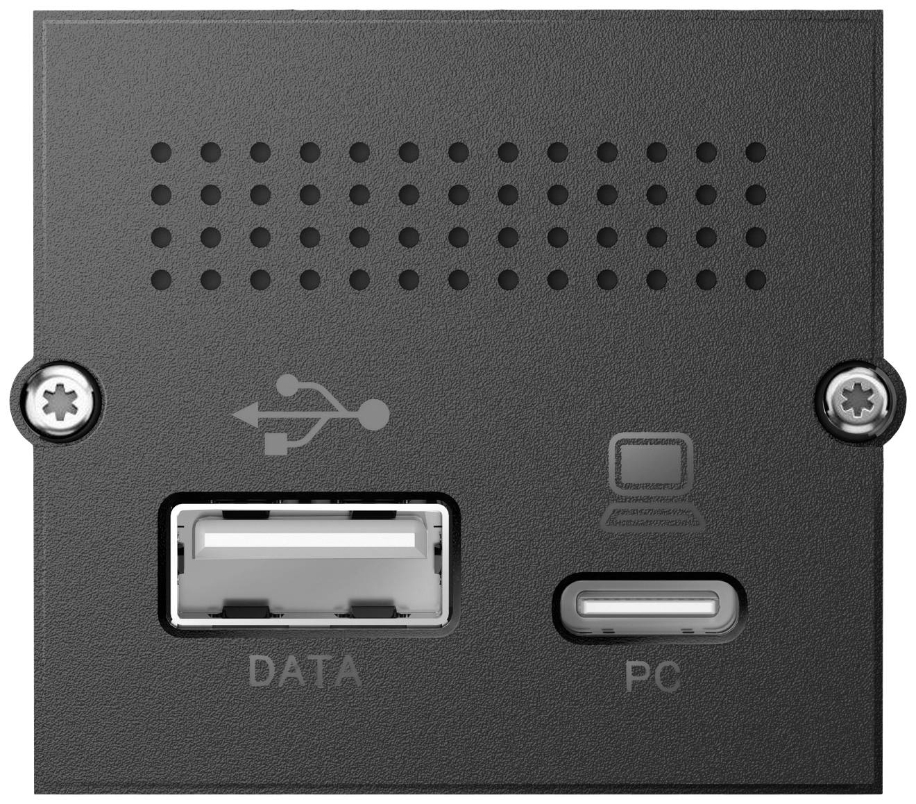 Un pannello nero con una porta USB per "Dati" e una porta USB-C per "PC", per collegare dispositivi.