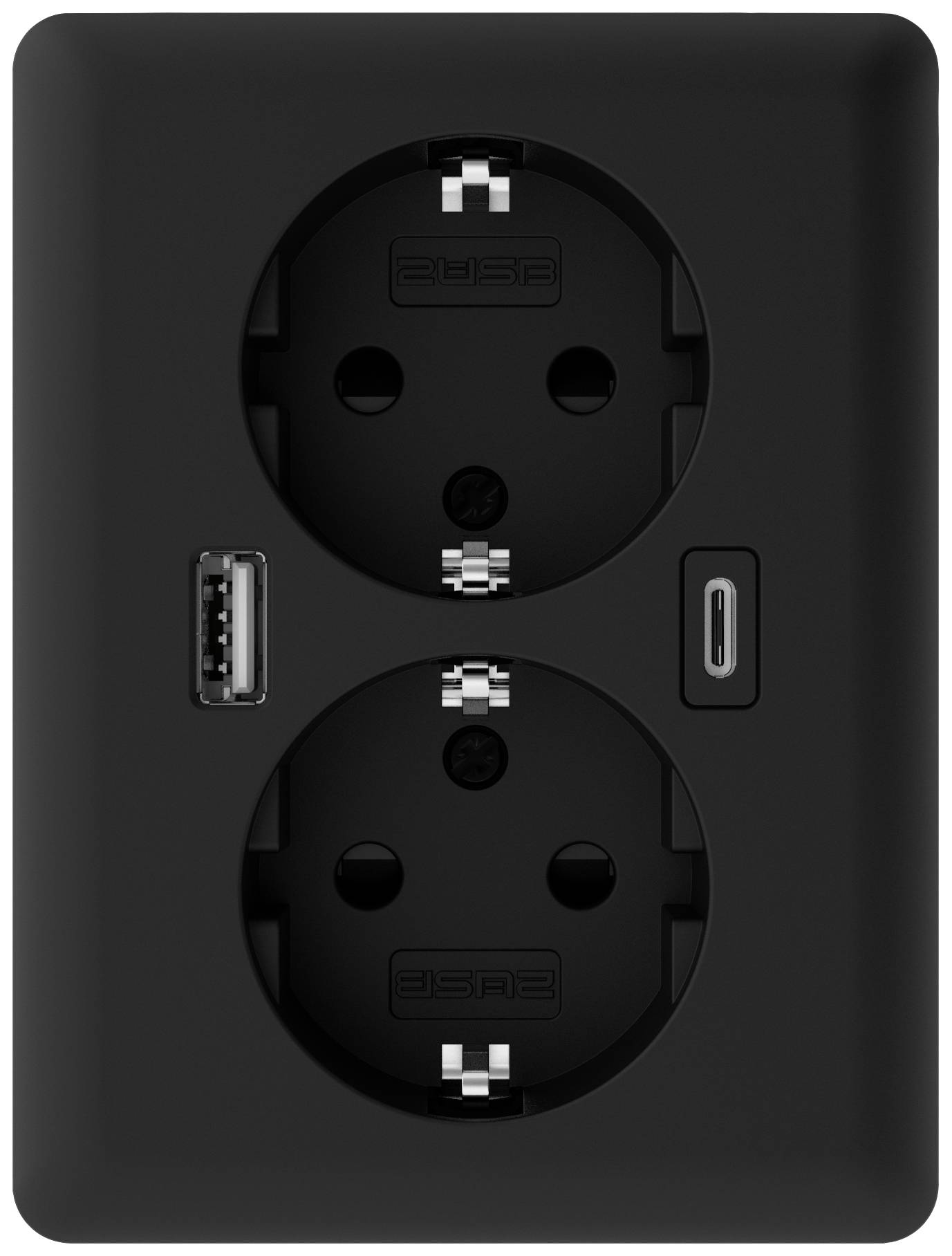 Presa doppia con porte USB e USB-C sul lato, idonea per collegare contemporaneamente diversi dispositivi.