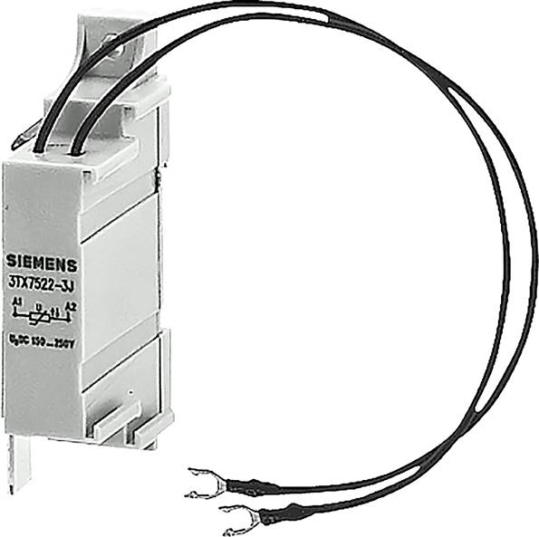 Un dispositivo relè grigio con due cavi neri e connessioni metalliche. Il dispositivo riporta la scritta 'SIEMENS 3TX7522-1J'.