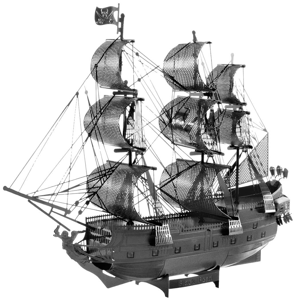 'Modello in metallo di una nave a vela con tre alberi e bandiera dei pirati issata. Sartiame dettagliato e cannoni visibili.'