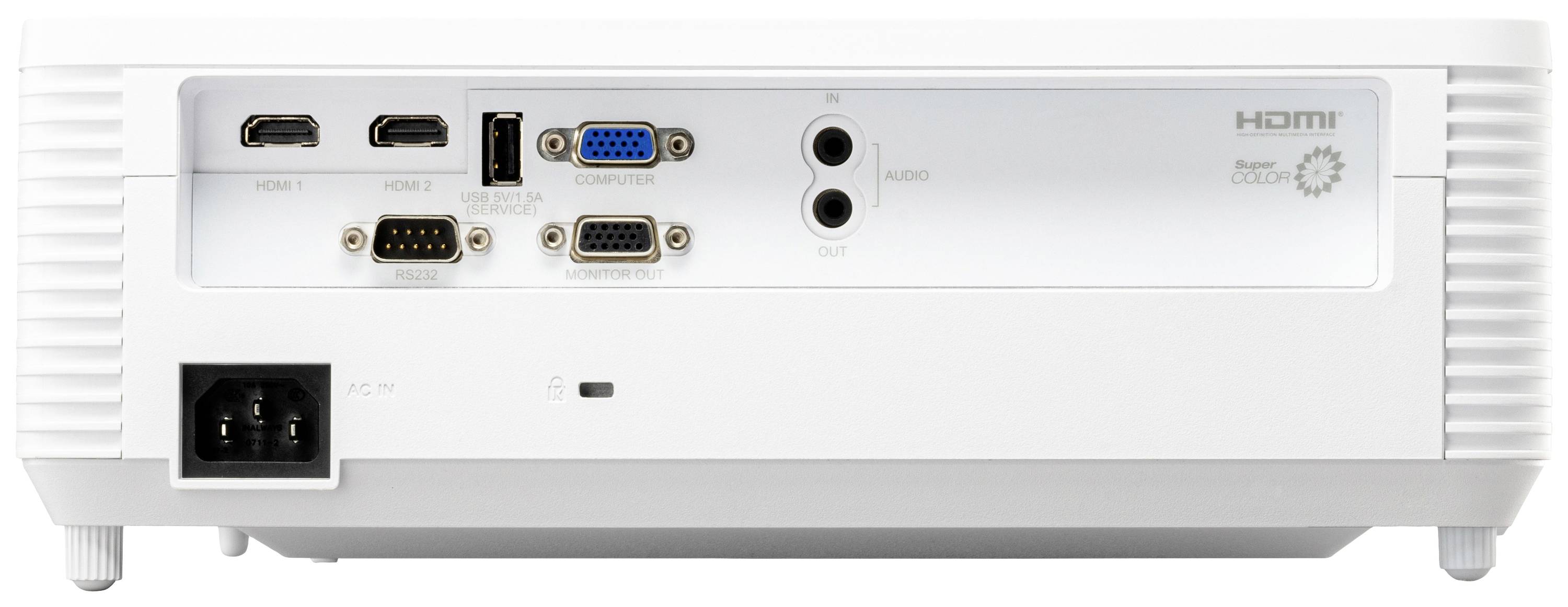 Retro del proiettore con diverse porte di connessione: due porte HDMI, VGA, ingresso e uscita audio, porta di rete, USB e porta RS-232.