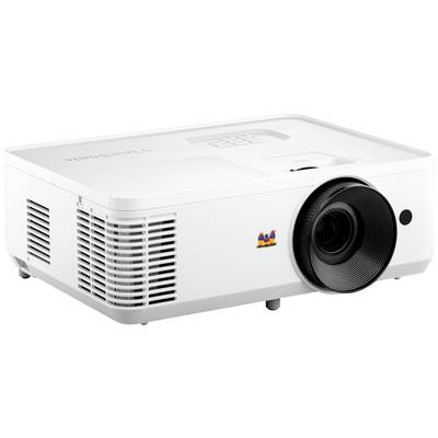 Proiettore bianco con fessure di ventilazione e grande obiettivo laterale, adatto per presentazioni e home cinema.