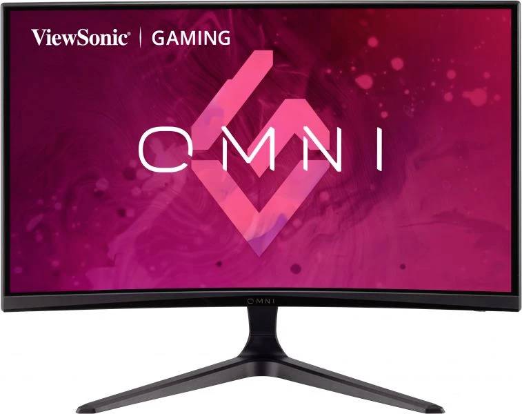 Un monitor da gaming ViewSonic con schermo curvo; logo e 'OMNI' mostrati su uno sfondo rosa.