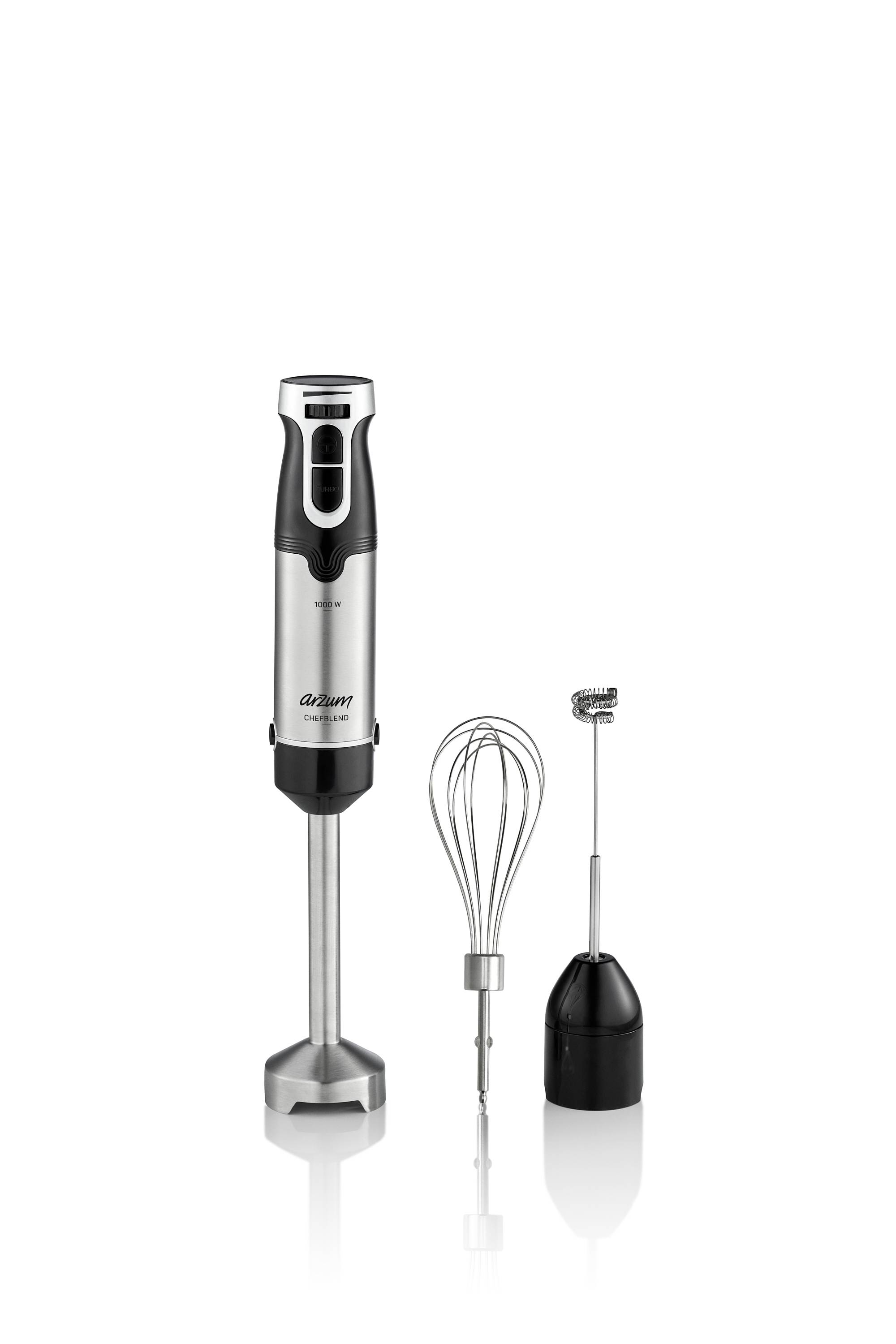 Set di frullatore elettrico con elemento principale in acciaio inossidabile, frusta per montare e piccolo accessorio per tritare. Adatto per mix versatili.