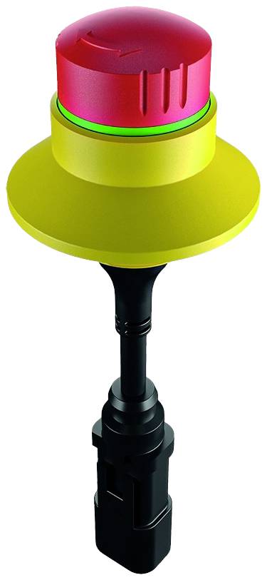 Un pulsante di emergenza rosso con bordo giallo e luce LED verde, montato su un piedistallo nero.