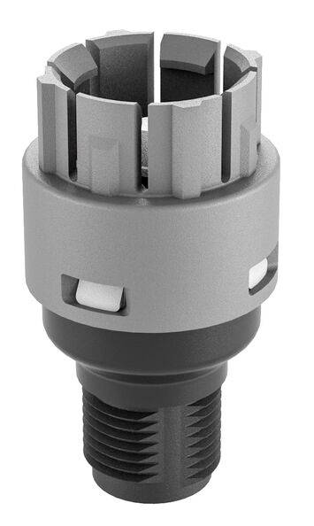 Uno strumento cilindrico con dentatura e attacco filettato, probabilmente un adattatore per trapano o un pezzo di connessione speciale.