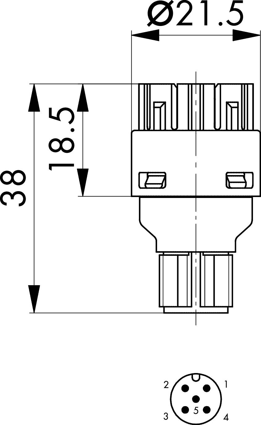 Disegno tecnico di un connettore cilindrico. Dimensioni: altezza 38 mm, diametro 21,5 mm. Vista dei connettori a 5 poli sul lato inferiore.
