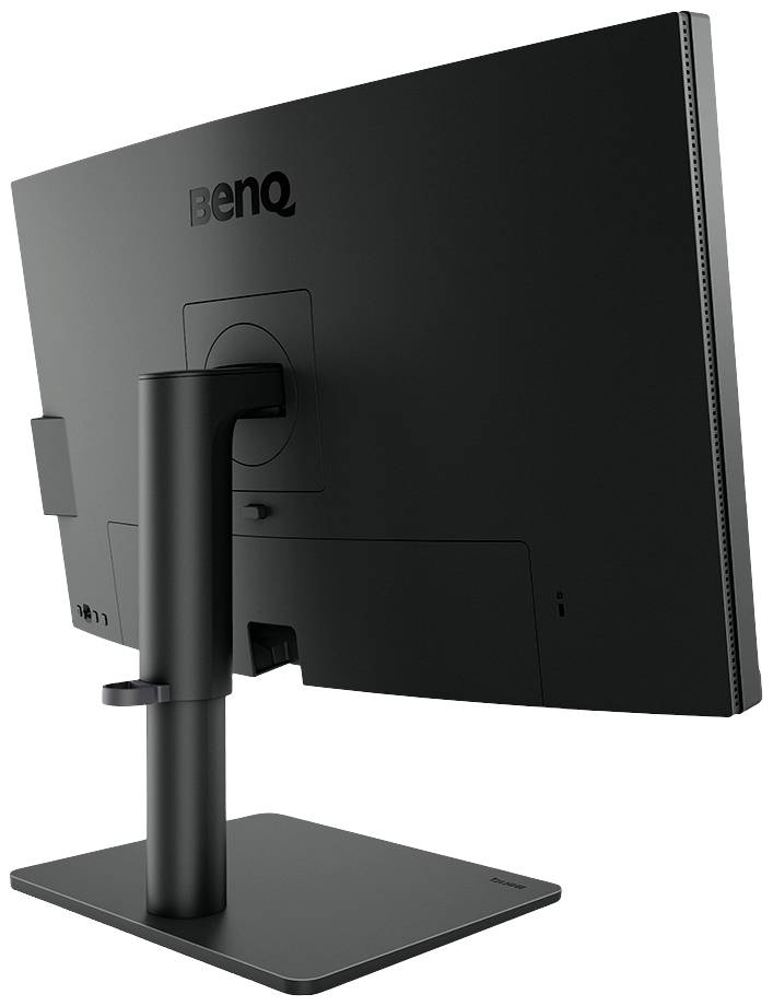 Un monitor per computer visto da dietro con involucro nero e base stabile. Il nome del marchio è visibile.