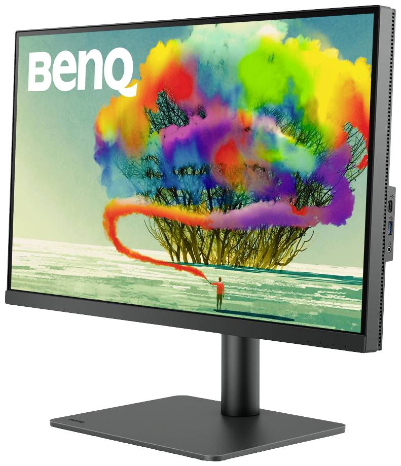 Un monitor con un'immagine astratta e colorata di un albero e il marchio 'BenQ' sullo schermo.
