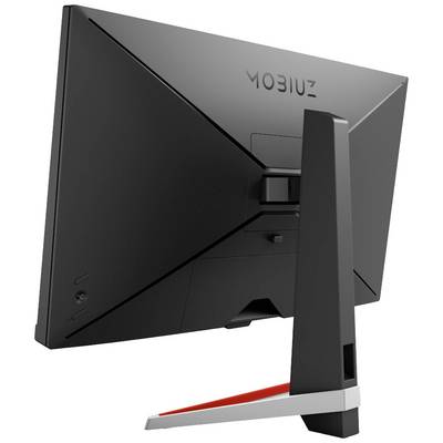 Un monitor nero visto da dietro, su un supporto stabile. Il modello 'MOBIUZ' è visibile sul retro.
