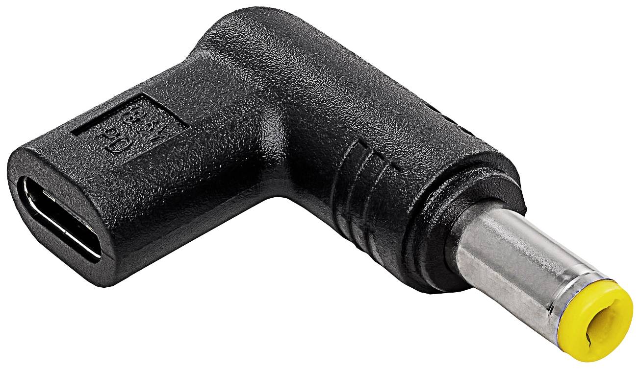 Un adattatore nero da USB-C a un connettore cilindrico di corrente continua, utilizzato per l'alimentazione di dispositivi elettronici.