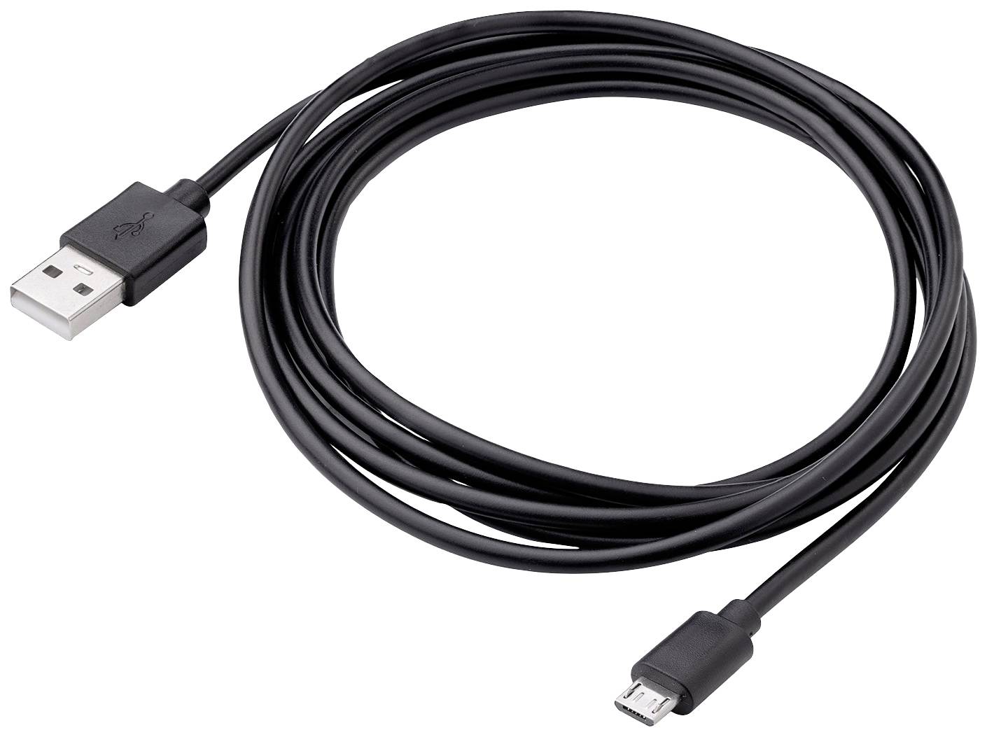 Un cavo USB nero con connettori USB-A e Micro-USB è disteso piatto su uno sfondo bianco.