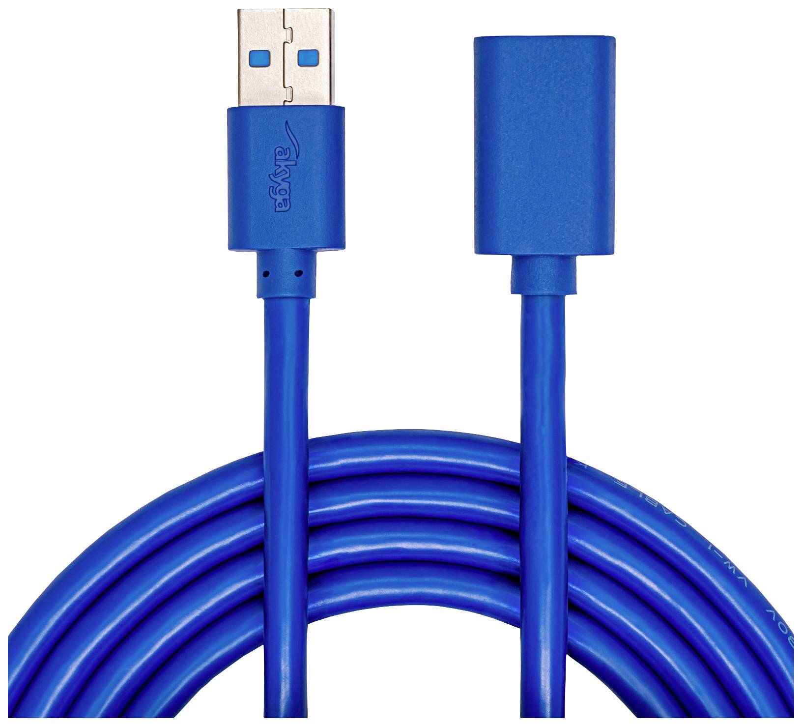 Cavo di prolunga USB blu con connettore maschio e femmina, arrotolato al centro.