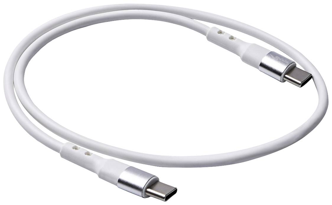 Un cavo USB-C bianco con connettori alle estremità. È arrotolato, pronto per essere utilizzato per il trasferimento dati o la ricarica.