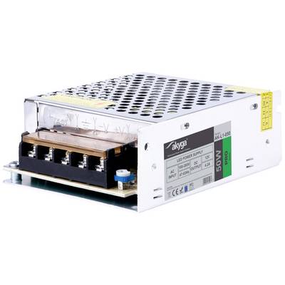 Un alimentatore LED da 50W in argento di Akyga con parte superiore ventilata, morsetti di connessione montati lateralmente ed etichette per la regolazione della tensione.