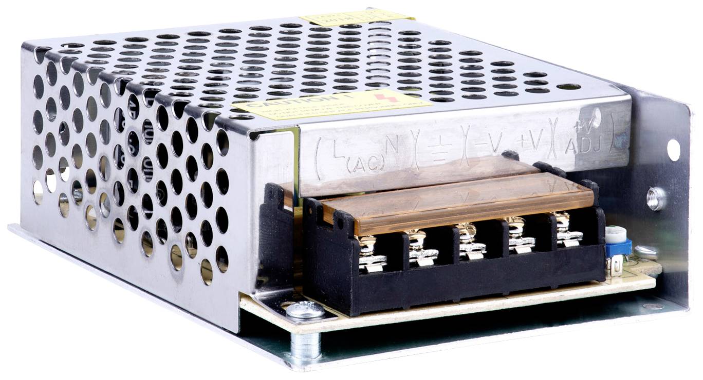 Involucro metallico per alimentatore con fori di ventilazione e morsetti di connessione. Specifiche stampate nella parte superiore. Adatto per dispositivi elettronici.