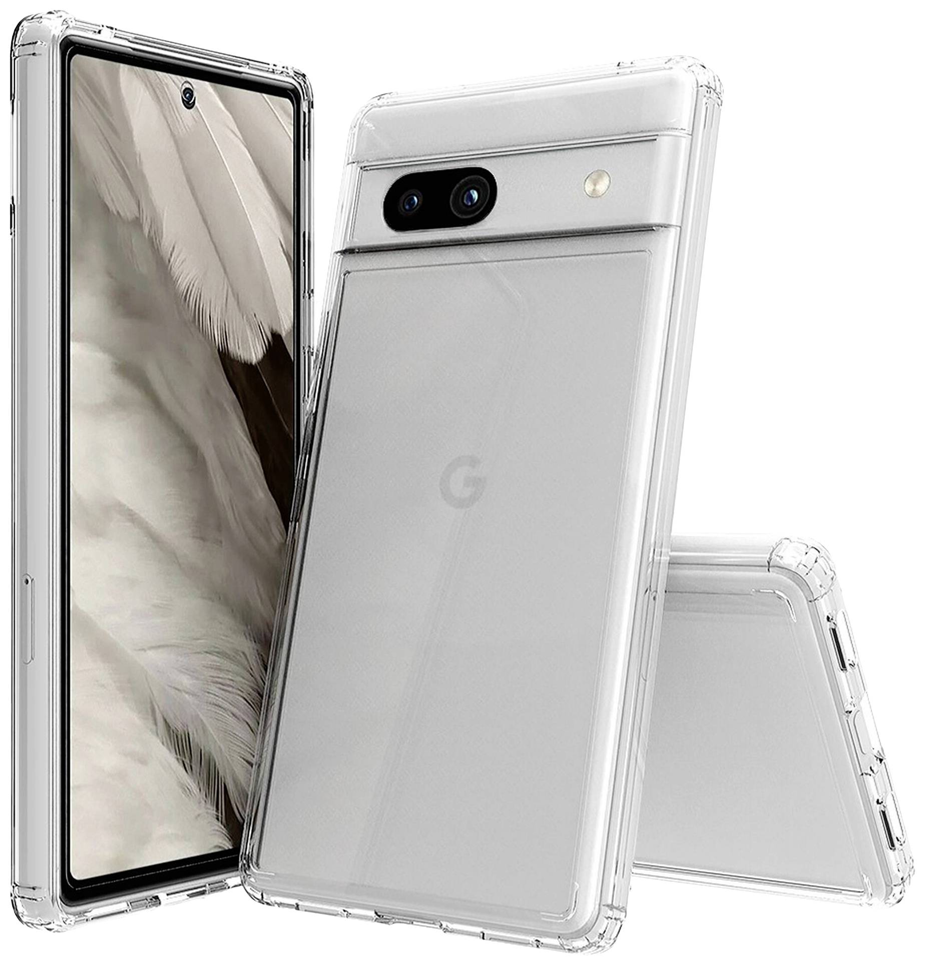 Tre smartphone con custodie trasparenti, visibili fronte e retro. Sullo sfondo di uno dei telefoni è visibile uno schermo a pennello.
