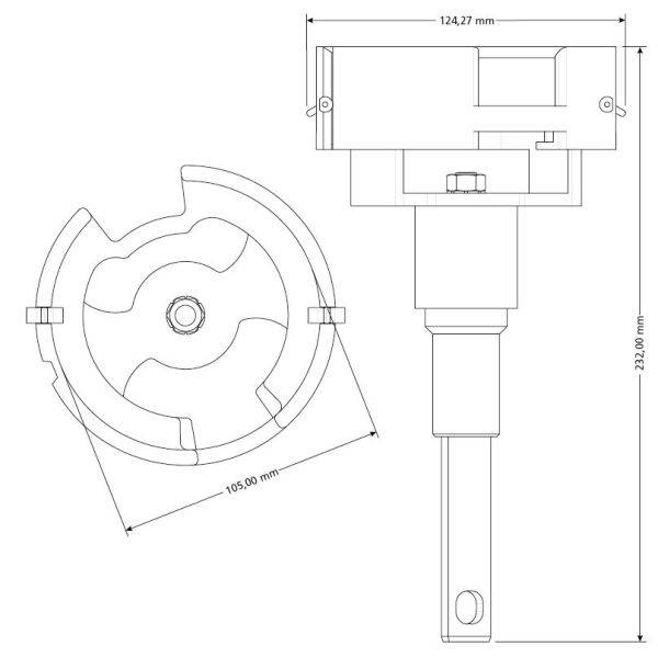Disegno tecnico di un componente meccanico con dimensioni: diametro 105 mm, lunghezza 124,27 mm e altezza 23,02 mm.