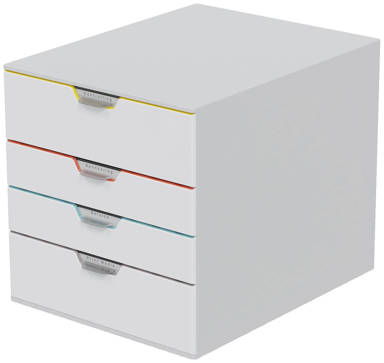 Un sistema di cassetti grigio con quattro maniglie colorate: gialla, rossa, blu e verde.